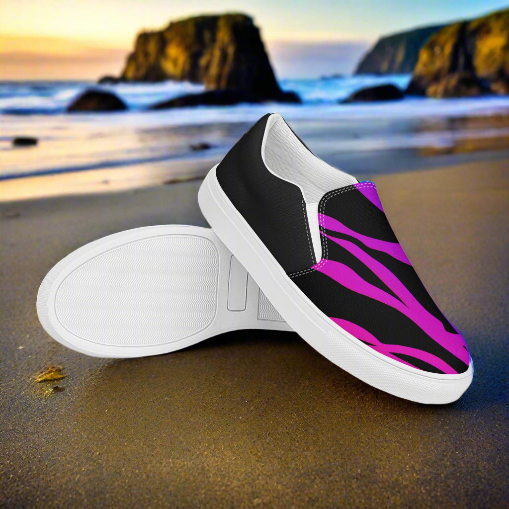 WildSage Market Slip-on Canvas Shoes Purple Zebra Halftone with a stylish design on a beach background