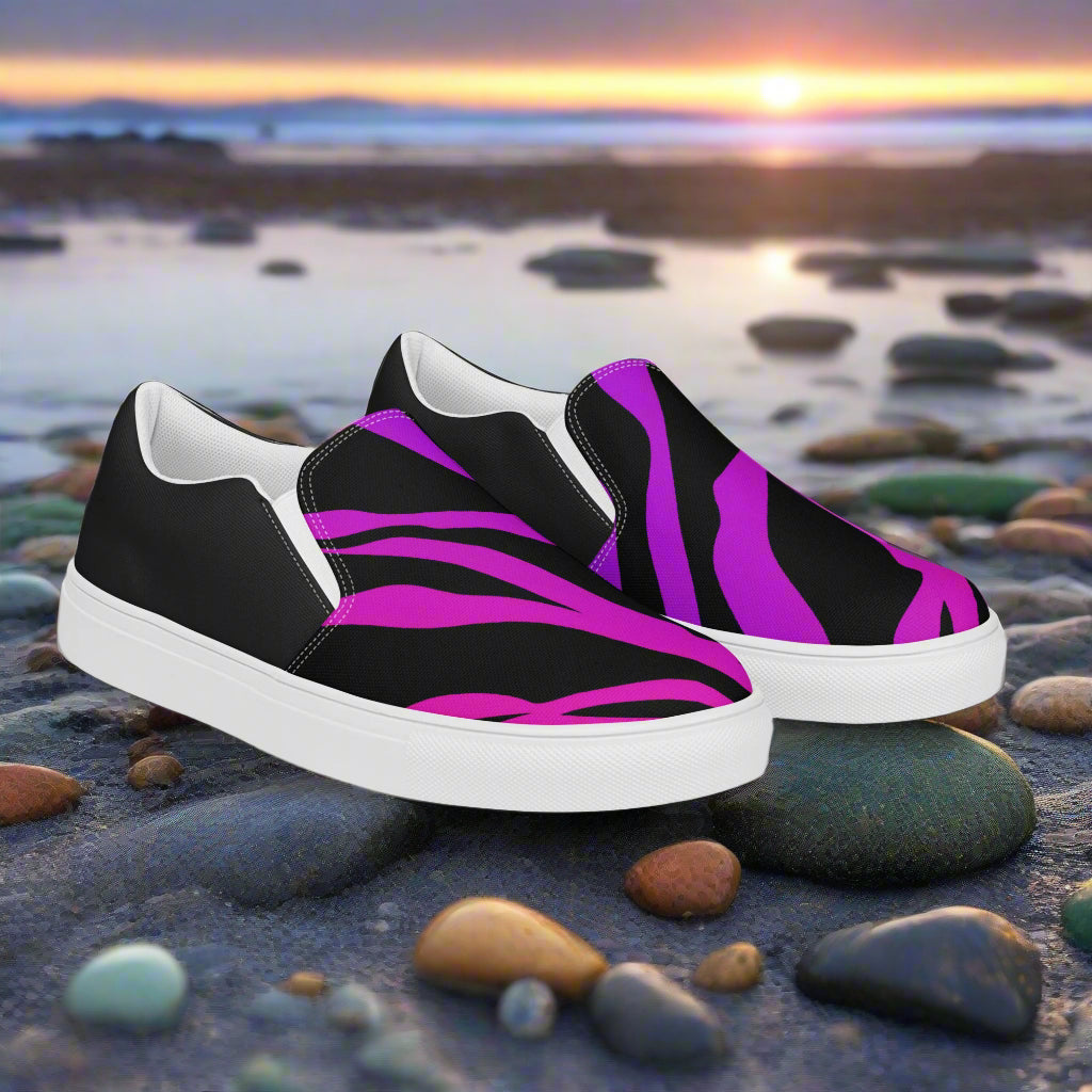 Slip-on Canvas Shoes Purple Zebra Halftone featuring a vibrant zebra print design on a stylish beach background