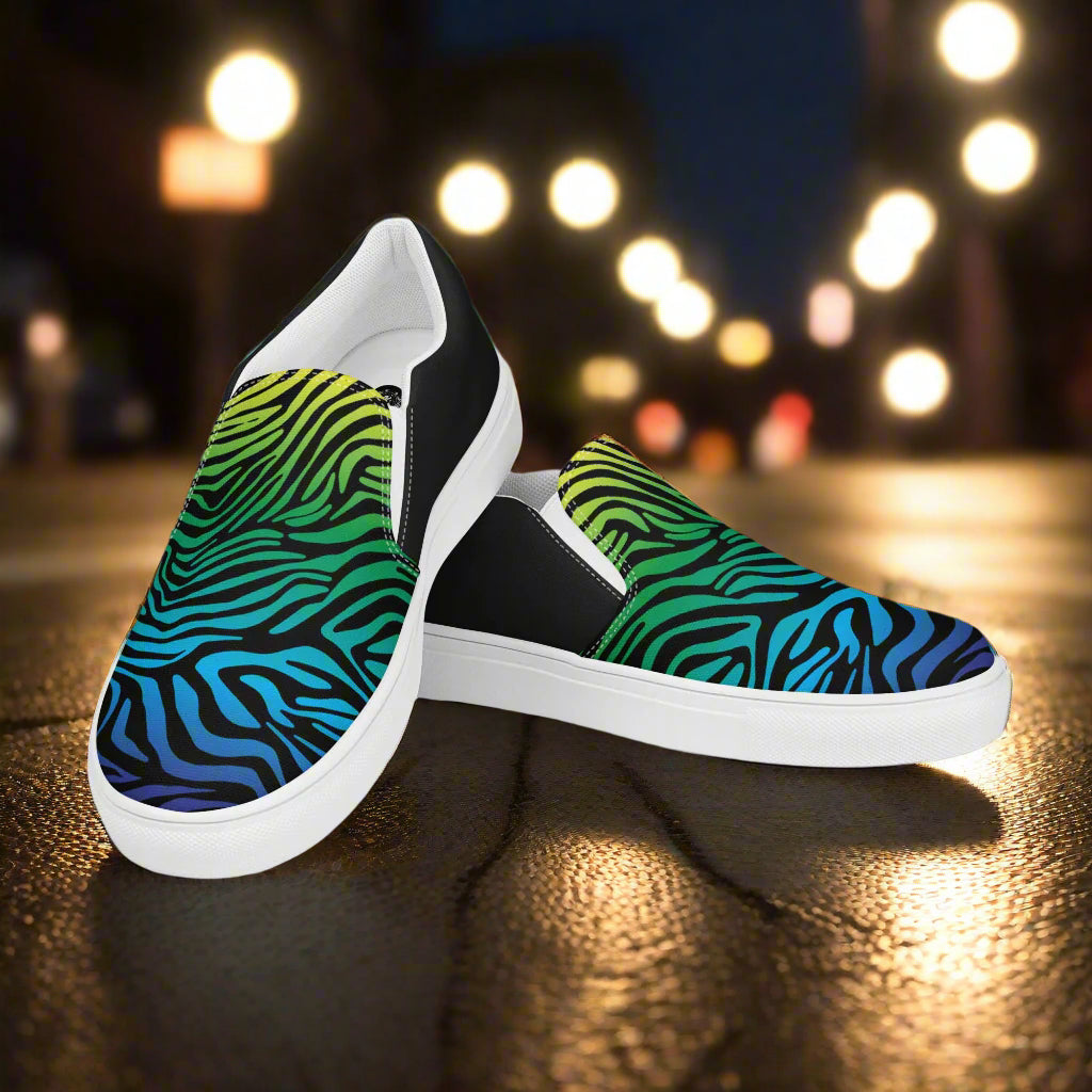WildSage Market Slip-on Canvas Shoes Rainbow Zebra Halftone with Colorful Zebra Print Design