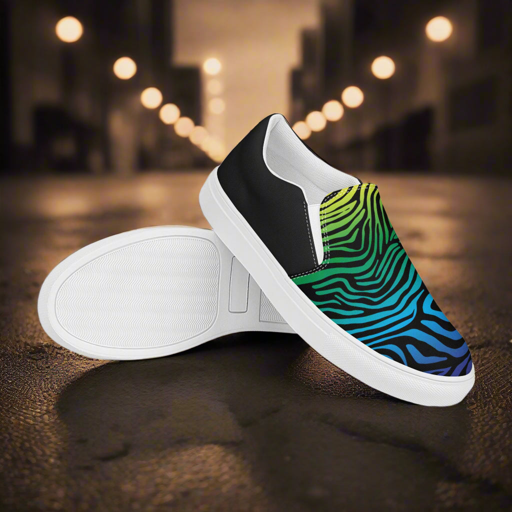 Slip-on Canvas Shoes Rainbow Zebra Halftone in vibrant colors with a stylish black sole