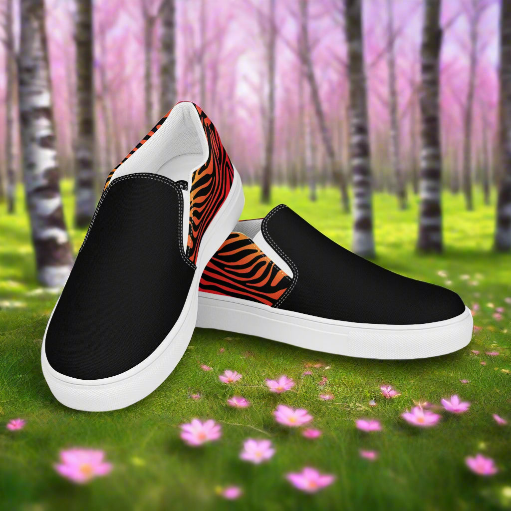 Slip-on Canvas Shoes Rainbow Zebra Two Tone with Black and Orange Zebra Stripes for a Stylish Look