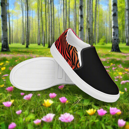 Slip-on Canvas Shoes Rainbow Zebra Two Tone with a stylish black and zebra striped design for casual wear