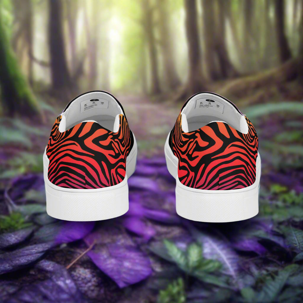 Slip-on Canvas Shoes Rainbow Zebra Two Tone with vibrant zebra stripes on a stylish black background