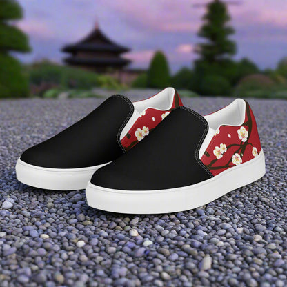 Slip-on Canvas Shoes Red Blossom Two Tone featuring floral design with black and red colors