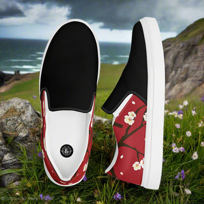 Slip-on Canvas Shoes Red Blossom Two Tone with a black upper and vibrant red floral design