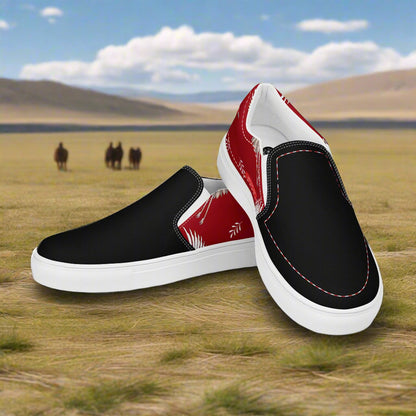 Slip-on Canvas Shoes Red Crane Two Tone featuring black and red design for casual wear