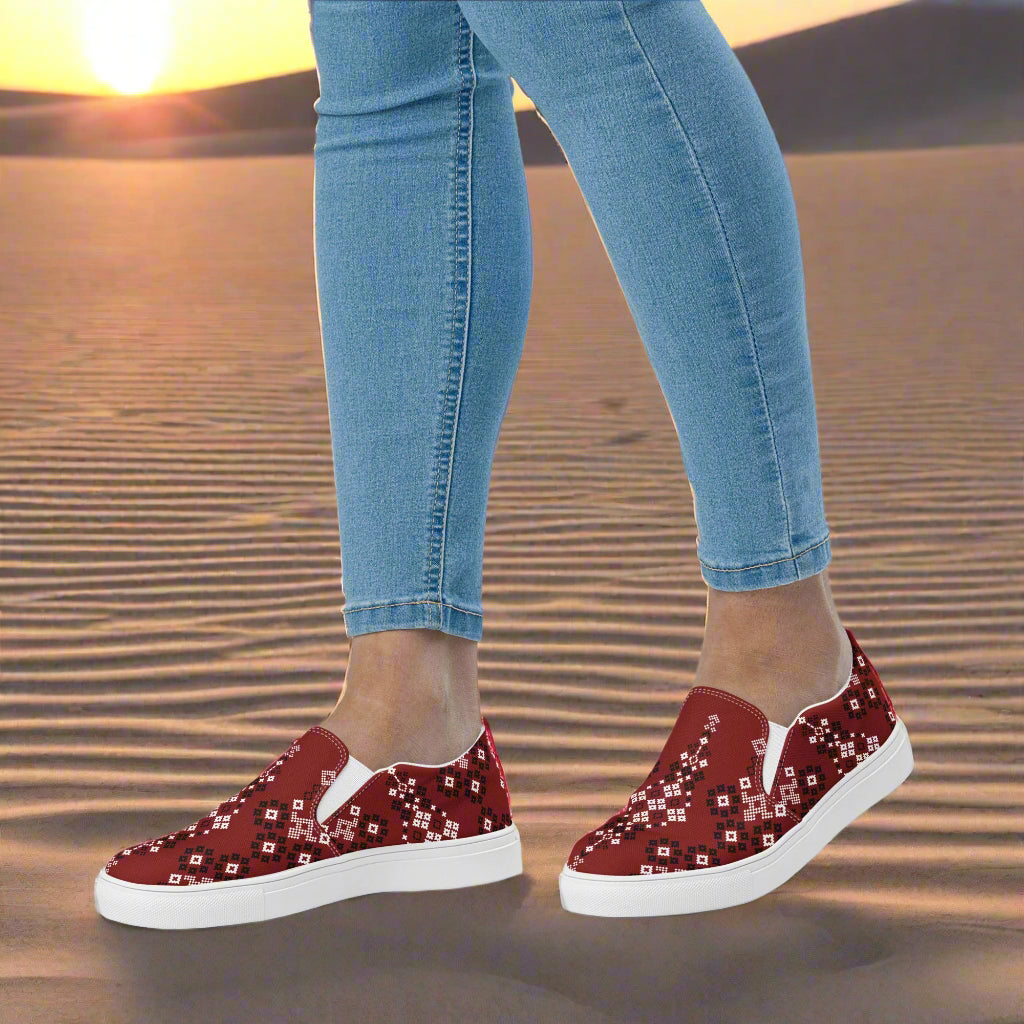 Slip-on Canvas Shoes Red Mesa Southwest Print on a model, perfect for casual wear
