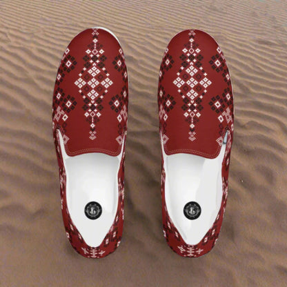 Slip-on Canvas Shoes Red Mesa Southwest Print with stylish geometric patterns for casual wear