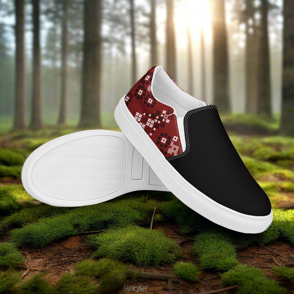 Slip-on Canvas Shoes Red Mesa Two Tone with Black and Patterned Design in a Natural Setting