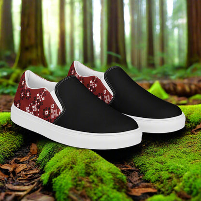 Slip-on Canvas Shoes Red Mesa Two Tone with a black front and patterned back for casual comfort