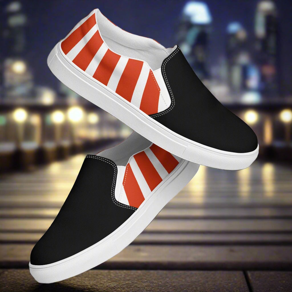 Slip-on Canvas Shoes Rising Sun Two Tone with black and red striped design for casual wear