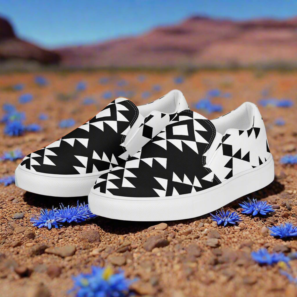 Slip-on Canvas Shoes Sonora Reverse Two Tone with geometric black and white pattern on a desert backdrop