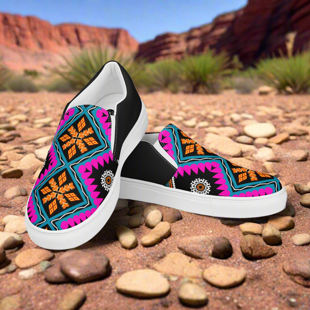 WildSage Market Slip-on Canvas Shoes Sonyeta Halftone with vibrant patterns on a desert background