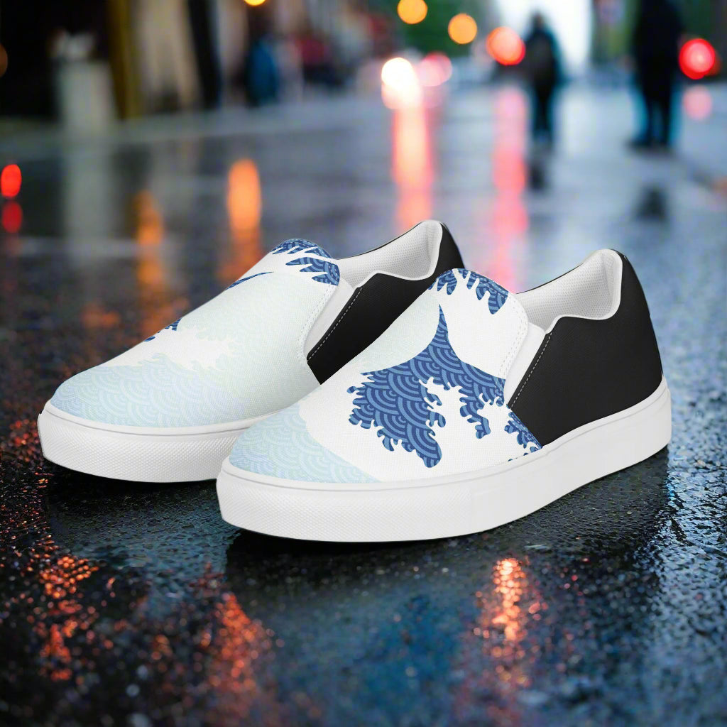 WildSage Market Slip-on Canvas Shoes Tsunami Sky Halftone with wave design and black accents