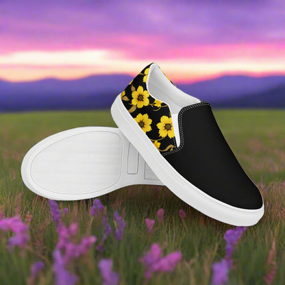 Slip-on Canvas Shoes Yellow Bloom Two Tone featuring a floral design on a black background