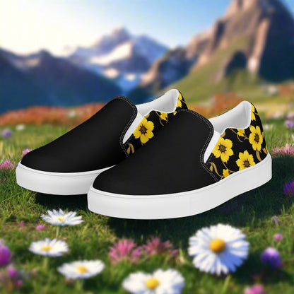 Slip-on Canvas Shoes Yellow Bloom Two Tone with Black and Yellow Floral Design for Casual Wear