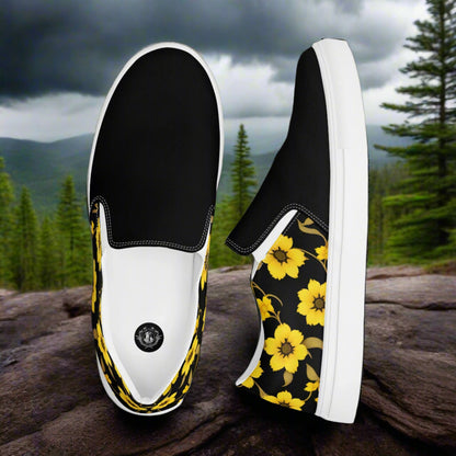 Slip-on Canvas Shoes Yellow Bloom Two Tone with Black and Yellow Floral Design for Comfortable Wear