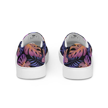 WildSage Market Slip-on Floral Print Canvas Shoes with vibrant tropical leaves design on a black background