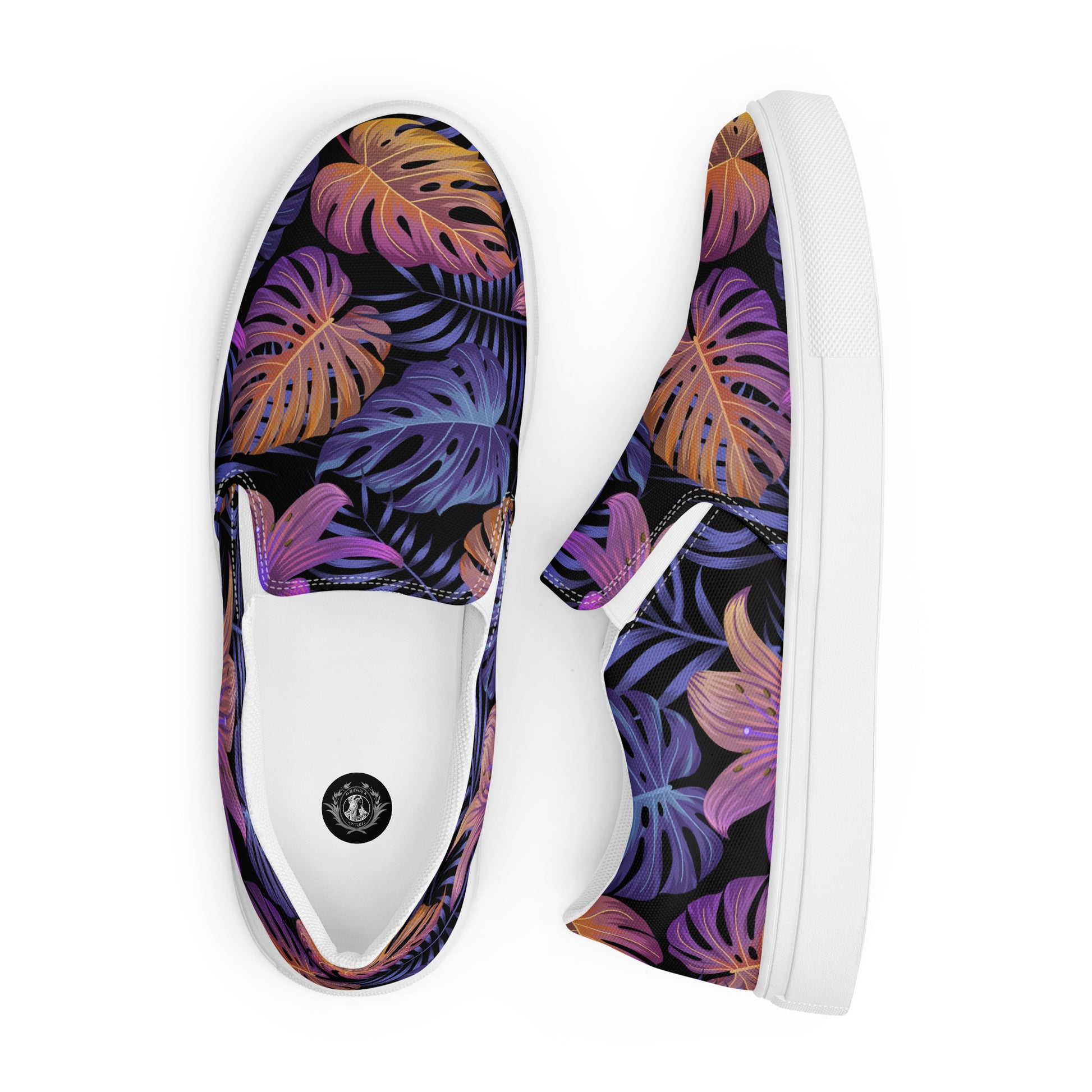 WildSage Market Slip-on Floral Print Canvas Shoes with Colorful Leaf Design on Black Background