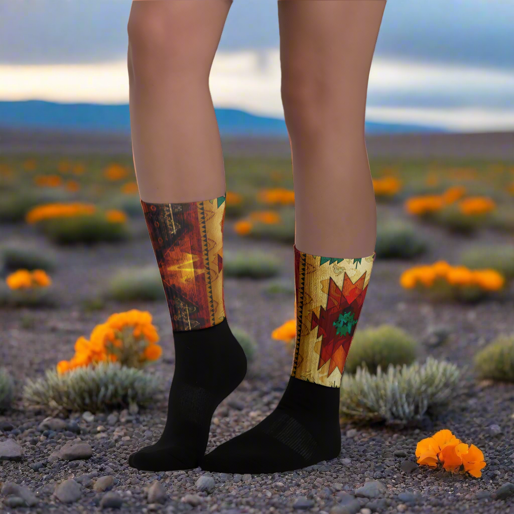 Sonoita Southwest patterned Unisex Black Bottom Socks with vibrant colors and unique design for stylish wear