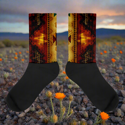 Sonoita Southwest patterned Unisex Black Bottom Socks with vibrant tribal design for stylish comfort
