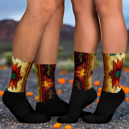 Sonoita Southwest patterned Unisex Black Bottom Socks with vibrant colors and geometric designs