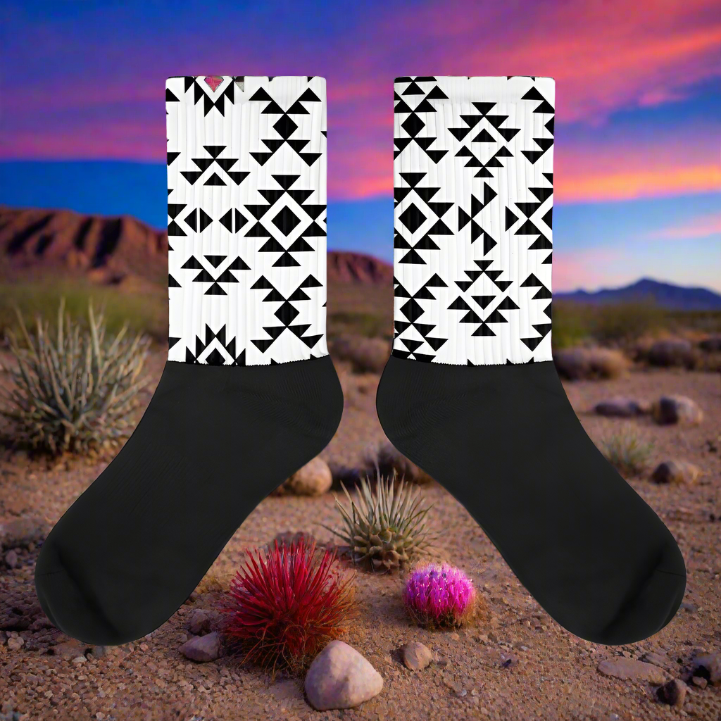 Sonora White Unisex Black Bottom Socks with geometric patterns for stylish comfort
