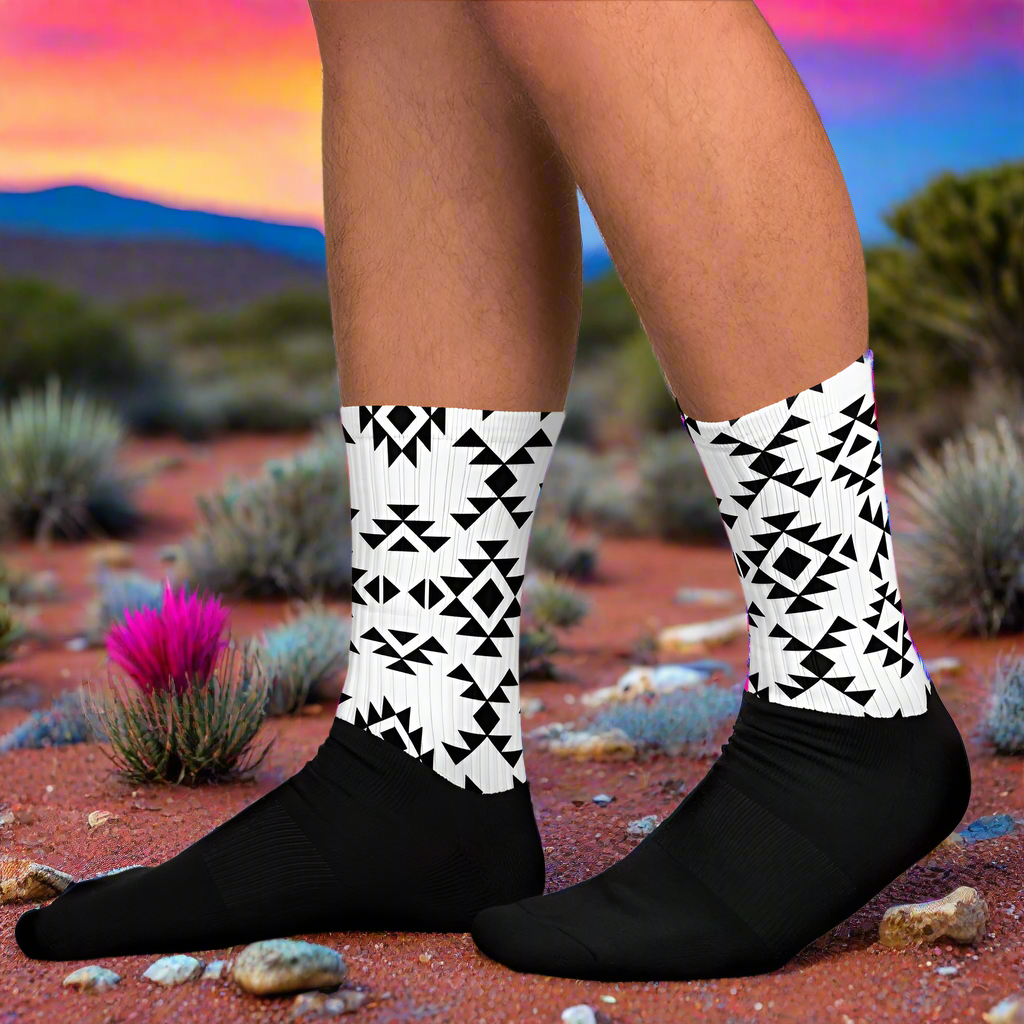 Sonora White Unisex Black Bottom Socks featuring a stylish geometric pattern on a desert background