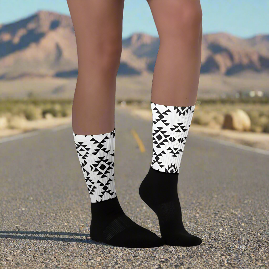 Sonora White Unisex Black Bottom Socks featuring a stylish geometric design for everyday wear