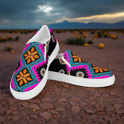 Sonyeta Southwest Print Slip-on Canvas Shoes featuring vibrant patterns on a black background, perfect for casual wear.