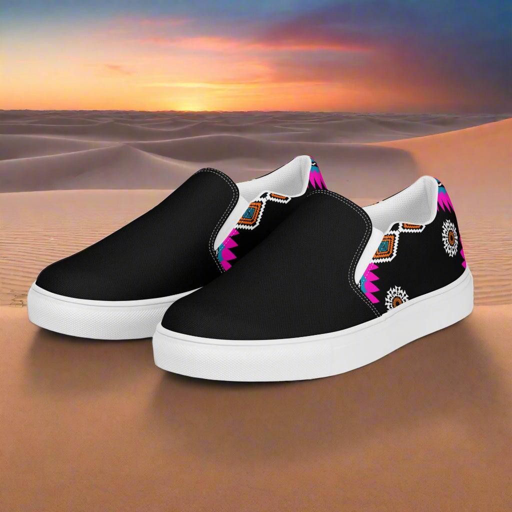 Slip-on Canvas Shoes Sonyeta Two Tone in black with colorful floral designs and a comfortable slip-on style