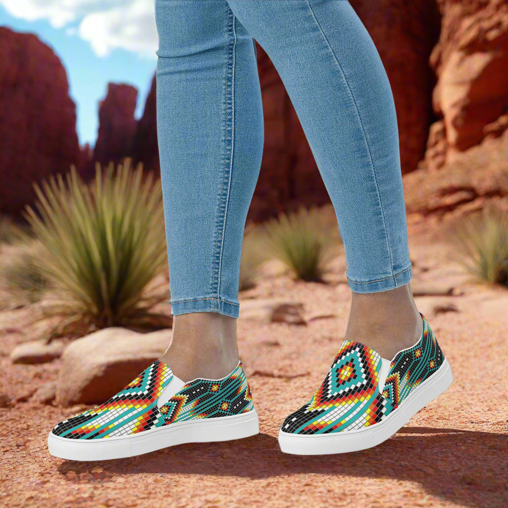 Southwest Hotai print womens canvas shoes slip on style by WildSage Market in desert setting