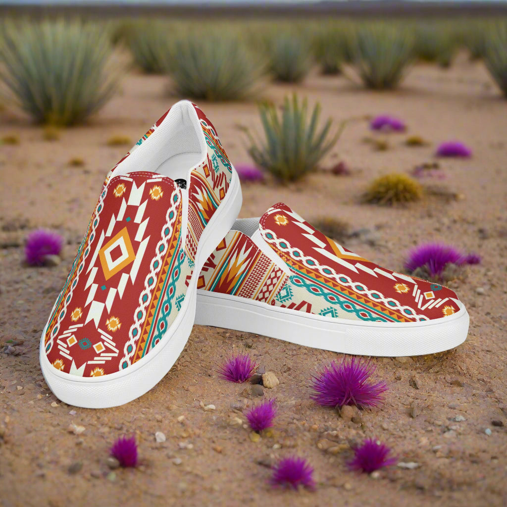Southwest Nogales print slip on canvas shoes by WildSage Market with colorful geometric desert patterns