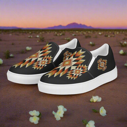 Southwest print slip on canvas shoes Night Sky with geometric patterns on black background