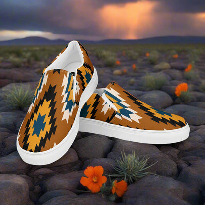 Southwest print slip on canvas shoes Pueblo by WildSage Market with vibrant geometric design on rocky desert background