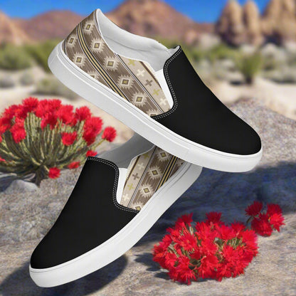 Southwest slip-on canvas shoes for men with a stylish black and patterned design from WildSage Market