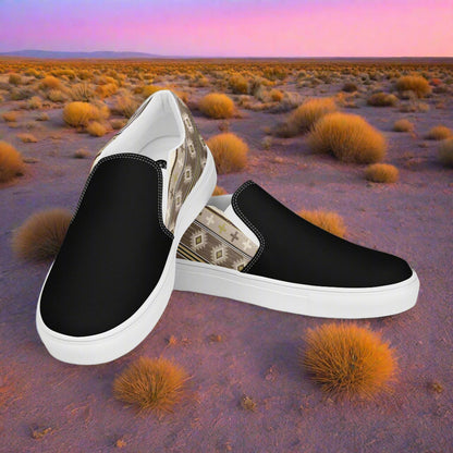 WildSage Market Southwest slip-on canvas shoes for men featuring a stylish black and patterned design
