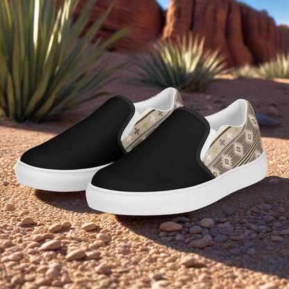 Southwest slip-on canvas shoes for men featuring a stylish black and geometric design for casual wear