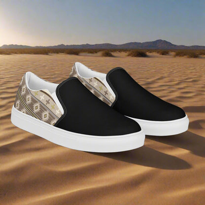 Southwest slip-on canvas shoes for men with geometric patterns and a sleek black design