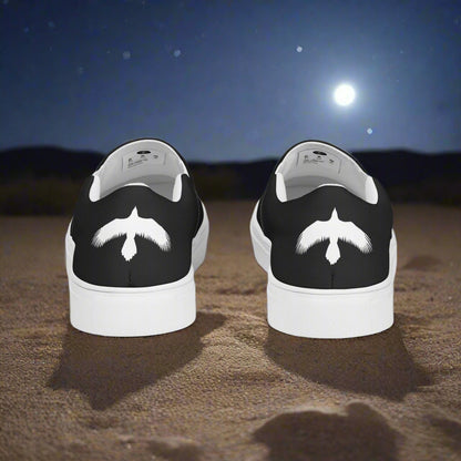 WildSage Market Southwest slip-on mens canvas shoes with unique mustache design against a nighttime desert backdrop