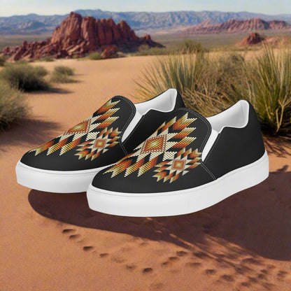Southwest slip-on mens canvas shoes with vibrant tribal patterns, perfect for casual wear