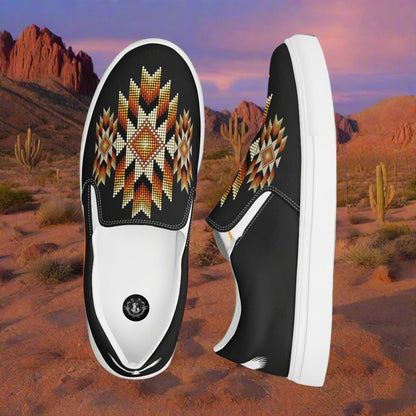 Southwest slip-on mens canvas shoes featuring a unique geometric design against a desert backdrop