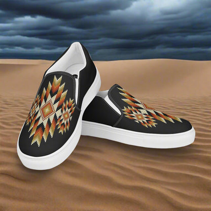 WildSage Market Southwest slip-on mens canvas shoes with vibrant geometric patterns on a black background
