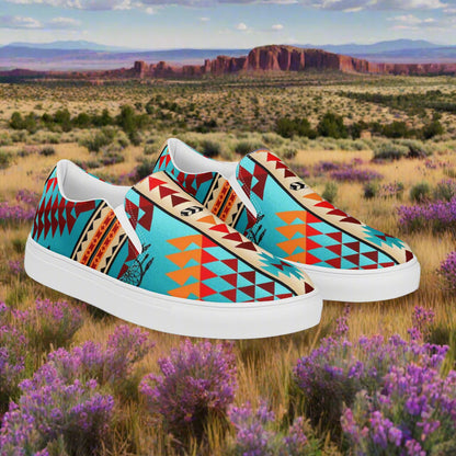 Southwest style mens slip-on canvas shoes featuring vibrant tribal patterns and a comfortable fit