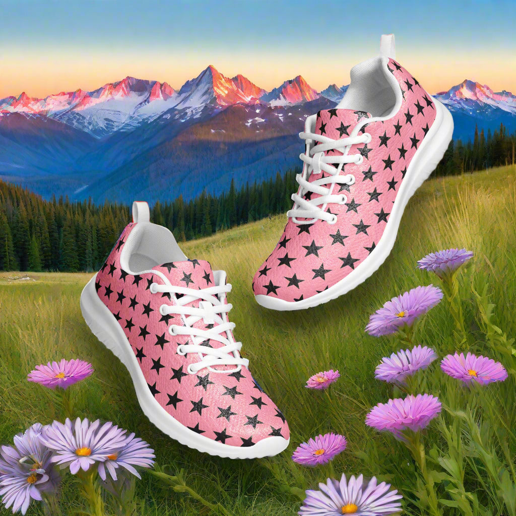 WildSage Market women athletic shoes pink with black star pattern and white sole in meadow backdrop Custom Athletic Shoes