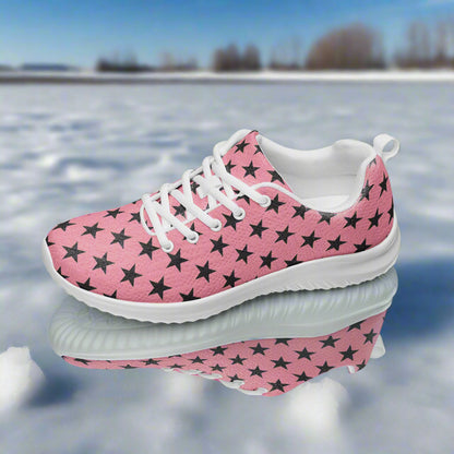 WildSage Market womens pink star print sneaker Custom Athletic Shoes with white sole and laces on icy surface