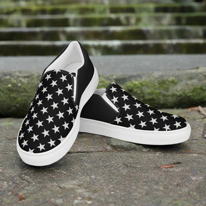 WildSage Market Custom Slip-On Canvas Shoes in black with white star print elastic side panels and white rubber sole