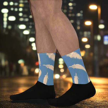Comfortable stylish feather design socks in blue with white feathers for a trendy look