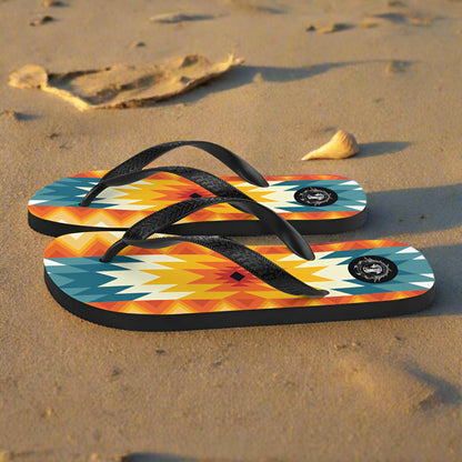 Sundance Southwest Pattern Unisex Flip-Flops with Colorful Geometric Design on Sand