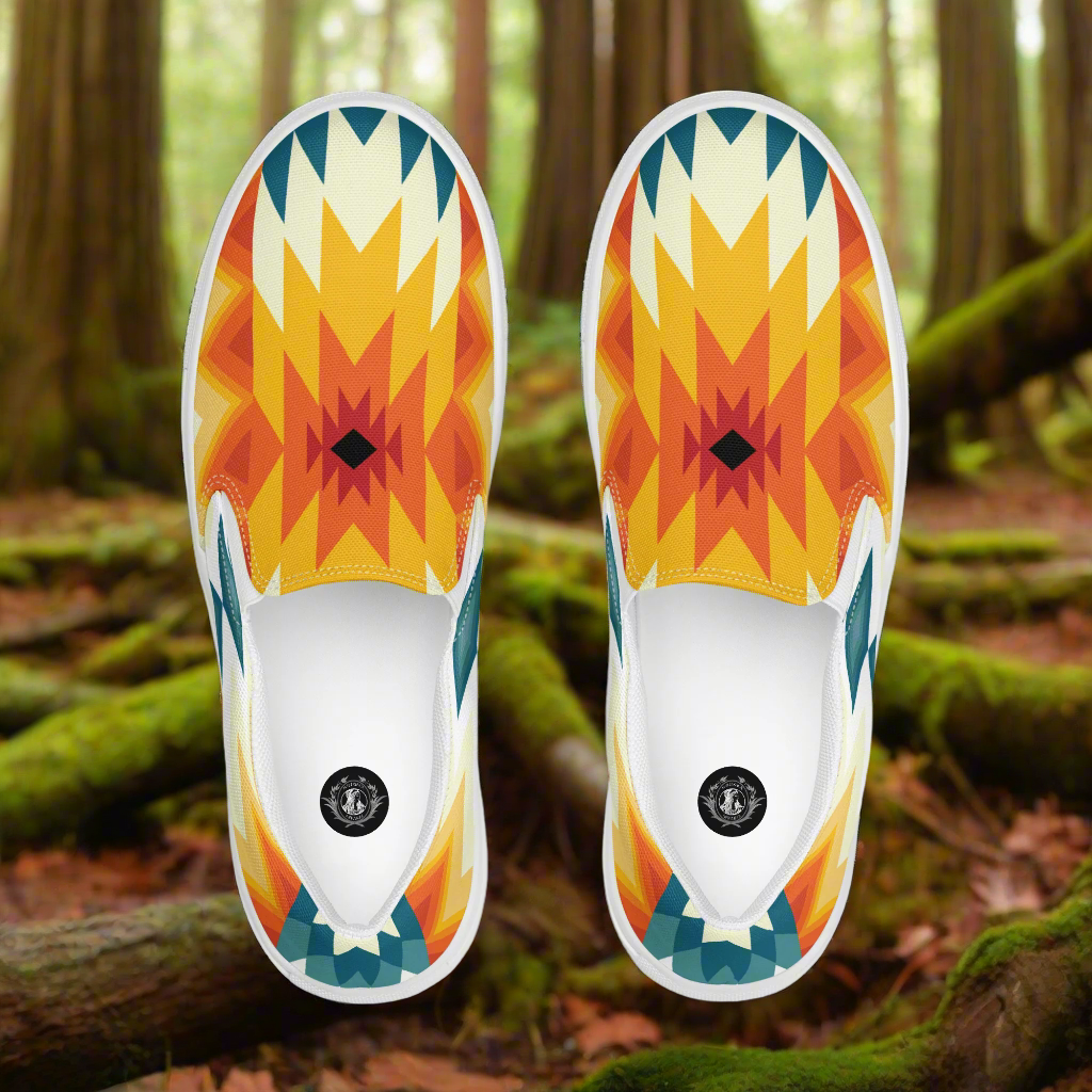 Colorful Sundance Southwest Print Slip-on Canvas Shoes featuring a vibrant geometric design